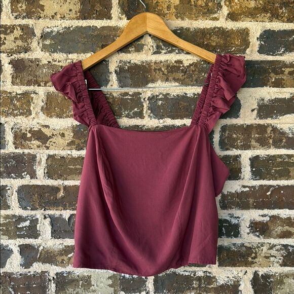 NWT Torrid Washable Challis Smocked Ruffle Trim Crop Top Maroon 0X - Picture 3 of 6